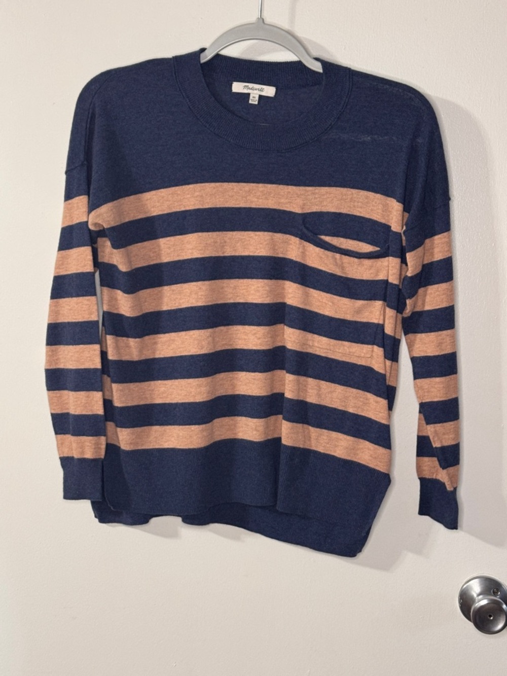 Madewell Navy and Tan Striped Crewneck Sweater